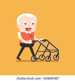 Retired elderly senior age couple in creative flat vector character design. Grandpa standing full length smiling. Grandparents with walking stick and paddle walker isolated.
