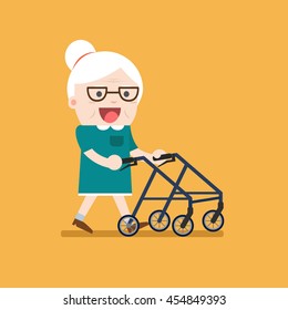 Retired elderly senior age couple in creative flat vector character design. Grandma standing full length smiling. Grandparents with walking stick and paddle walker isolated.