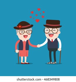 Retired elderly senior age couple in creative flat vector character design | Grandpa and grandma Senior couple in love.