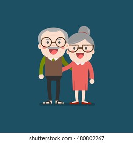 Retired elderly senior age couple in creative flat vector character design | Grandpa and grandma standing full length smiling