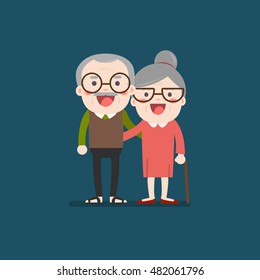 Retired elderly senior age couple in creative flat vector character design | Grandpa and grandma standing full length smiling