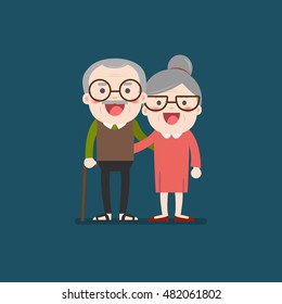 Retired elderly senior age couple in creative flat vector character design | Grandpa and grandma standing full length smiling