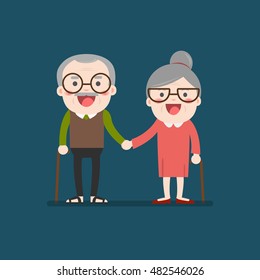 Retired elderly senior age couple in creative flat vector character design | Grandpa and grandma standing full length smiling