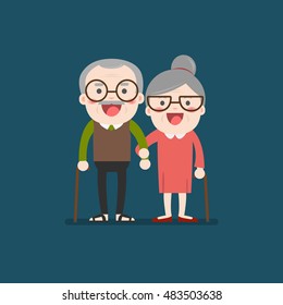 Retired elderly senior age couple in creative flat vector character design | Grandpa and grandma standing full length smiling