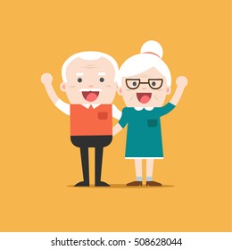 Retired elderly senior age couple in creative flat vector character design | Grandpa and grandma standing full length smiling