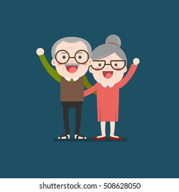 Retired elderly senior age couple in creative flat vector character design | Grandpa and grandma standing full length smiling