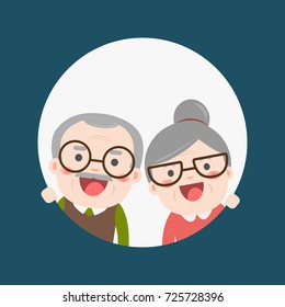 Retired elderly senior age couple in creative flat vector character design | Grandpa and grandma standing full length smiling