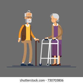 Retired elderly senior age couple in creative flat vector character design. Grandpa and grandma standing full length smiling. Grandparents with walking stick and paddle walker isolated