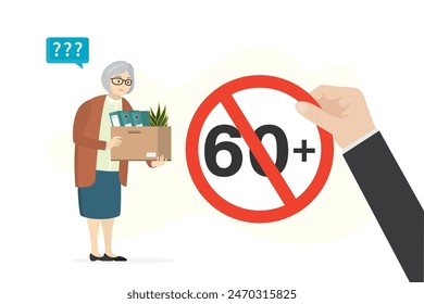 Anciana jubilada. restricción de Edad, discriminación, edad y sexismo. Desempleados tras la reducción de personal. Despedida abuela. Círculo rojo de advertencia de la mano del hombre de negocios - parada 60 más. Vector plano