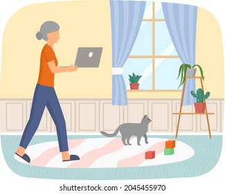 Retired elderly woman with computer in hands in her apartment. Dealing with technology, using modern gadgets concept. Senior lady watching video on screen, chatting, working with laptop at home