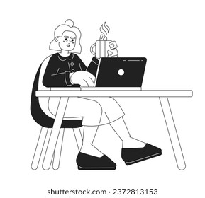 Retired elderly woman typing laptop black and white cartoon flat illustration. Female senior freelancer sitting at desk linear 2D character isolated. Drinking coffee monochromatic scene vector image