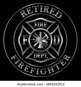 Retired Firefighter Silver Emblem is a design illustration that includes a classic silver fire department Maltese cross and text in a circle that says Retired Firefighter. Great promotional graphic.