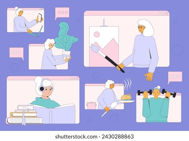 Retired lifestyle with hobby and leisure activities. Senior aged woman spending time together online and share their lifestyle. Elderly creative workshop. Old friends meeting. Vector flat illustration