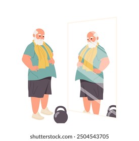 Retired man cartoon character looking at mirror feeling proud after training with dumbbells