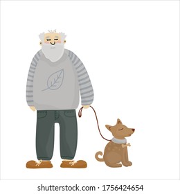 Retired man in a hay sweater. Grandfather with a dog. Old man with gray hair and a beard. Copy space.