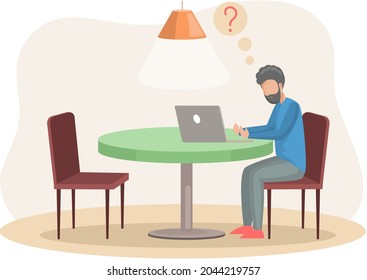 Un hombre retirado sentado con un ordenador en casa tiene preguntas. Tratando de la tecnología, usando el concepto de gadgets modernos. Personaje masculino de mayor edad, persona mayor viendo video, charlando, trabajando con laptop