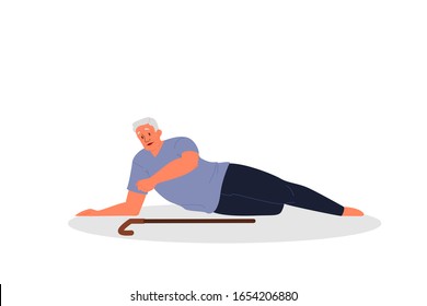 Retired men fell down. Elderly person with cane on the floor. Pain and injury. Vector illustration in cartoon style