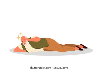 Retired men fell down. Elderly person on the floor. Pain and injury. Vector illustration in cartoon style