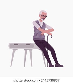 Retired old active senior man, elderly pensioner desk lean pose svg
