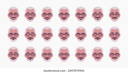 Retired old active senior man, male emotion set, elderly person, grey hair grandfather bundle portrait. Cute face icons, positive, negative facial expression feature pic. Vector illustration circles