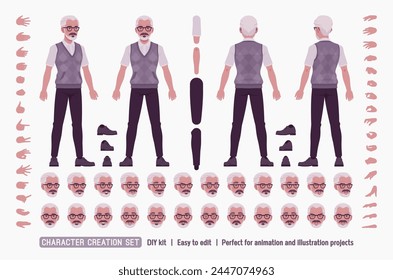 Retired old active senior man, classic outfit DIY character creation set. Elderly grandfather body figure parts. Head, leg, hand gestures, different emotions, construction kit. Vector illustration