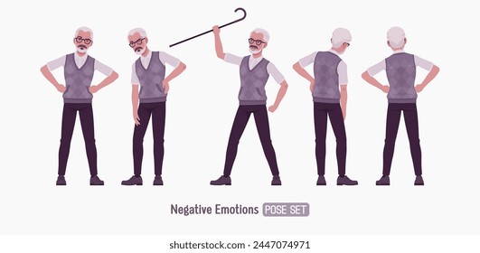 Retired old active senior man set negative emotions, feel ache pose, nice elderly person, handsome grey hair grandfather in classic outfit. Elegant white beard and dark moustaches. Vector illustration