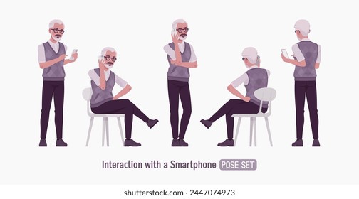 Retired old active senior man set phone talking pose, nice elderly person, handsome grey hair grandfather classic outfit, experienced worker. Elegant white beard, dark moustache. Vector illustration