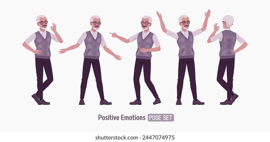 Retired old active senior man set positive emotions, happy pose, nice elderly person, handsome grey hair grandfather in classic outfit. Elegant white beard and dark moustaches. Vector illustration