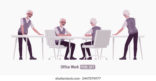 Retired old active senior man set desk work pose, nice elderly person handsome grey hair grandfather classic outfit, experienced office worker. Elegant white beard, dark moustache. Vector illustration