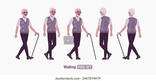 Retired old active senior man set going pose, nice elderly person, handsome grey hair grandfather in classic outfit with walking stick. Elegant white beard and dark moustaches. Vector illustration