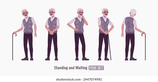 Retired old active senior man set standing pose, nice elderly person, handsome grey hair grandfather in classic outfit with walking stick. Elegant white beard and dark moustaches. Vector illustration