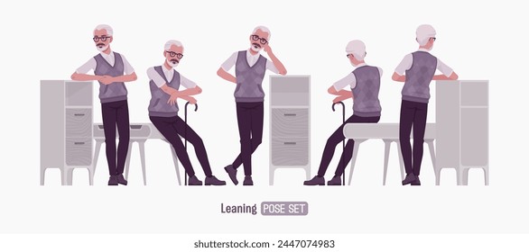 Retired old active senior man set lean furniture pose, nice elderly person handsome grey hair grandfather classic outfit, experienced worker. Elegant white beard, dark moustache. Vector illustration