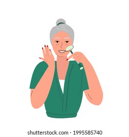 Retired Old Beautiful Relaxed woman do face yoga with Facial Roller Massagers,self massage,rejuvenating exercises.Lady massaging her face.Beauty Procedure,anti-aging self care.Vector flat illustration