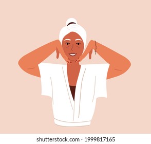 Retired Old Beautiful Relaxed woman do face building yoga facial gymnastics self massage,rejuvenating exercises.Lady massaging her face.Beauty Procedure,anti-aging self care.Vector flat illustration