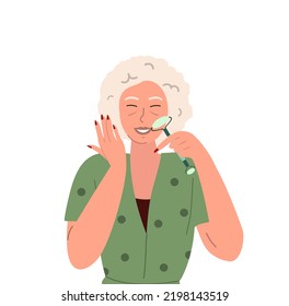 Retired Old Beautiful Relaxed woman do face yoga with Facial Roller Massagers,self massage,rejuvenating exercises.Lady massaging her face.Beauty Procedure,anti-aging self care.Vector flat illustration