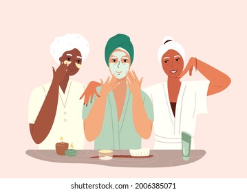 Retired Old Beautiful Relaxed women Friends with clay facial masks,eye patches on faces.Spa skin care treatment in bathrobe.Self massage,Beauty Procedure, anti-aging self care.Vector flat illustration