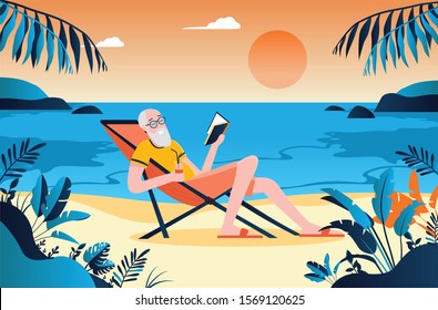 Retired old man on beach enjoying life with a book in hand. Sunny warm background in a tropical environment far away. Silent, peaceful, freedom concept.