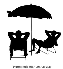 Retired old man on vacation sitting in beach chair vector silhouette illustration isolated. Senior friends sunbathing under parasol. Holiday enjoy resort in summer day. Enjoying sun relaxing outdoor