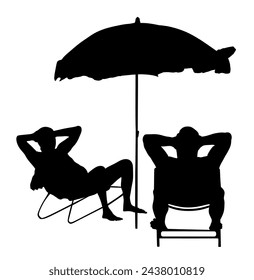 Retired old man on vacation sitting in beach chair vector silhouette illustration isolated. Senior friends sunbathing under parasol. Holiday enjoy resort in summer day. Enjoying sun relaxing outdoor