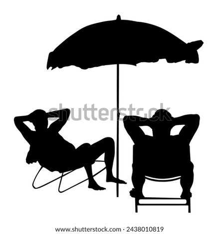 Retired old man on vacation sitting in beach chair vector silhouette illustration isolated. Senior friends sunbathing under parasol. Holiday enjoy resort in summer day. Enjoying sun relaxing outdoor