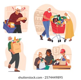 Retired old people cartoon characters in different shopping situation at retail supermarket isolated set. Aged man and woman choosing, paying for food products, carrying purchases vector illustration