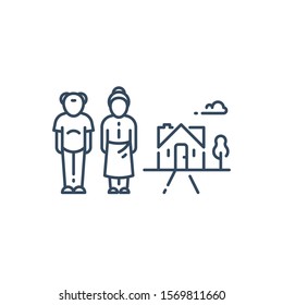 Retired Old People, Senior Couple And Summer House, Residential Building, Vector Line Icon