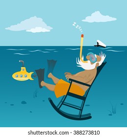 Retired old sea captain relaxing in a rocking chair underwater, breathing through a snorkel, EPS 8 vector illustration