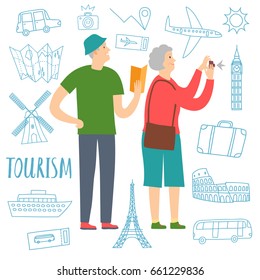 Retired pair on vacation. Including doodle drawings: airplane, ship; suitcase, monuments. Tourism and travel illustration for your design.