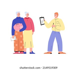 Retired pensioners couple meeting with retirement fund financial advisor or insurance agent, flat cartoon vector illustration isolated on white background.