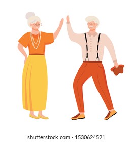 Retired people dancing flat vector illustration. Senior age family. Old couple spends time together. Romantic pastime. Pensioners in retro clothing cartoon isolated characters on white background