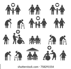 Retired people family. Senior parents and olds care silhouette icons isolated on white background, vector icons