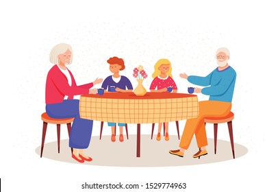 Retired people flat vector illustration. Children came to visit elderly relatives. Family pastime in dining room. Grandparents drink tea with kids cartoon characters