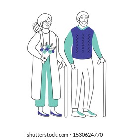 Retired people flat vector illustration. Senior age family with walking stick. Old couple. Elderly woman with flowers. Pensioners isolated cartoon characters with outline elements on white background