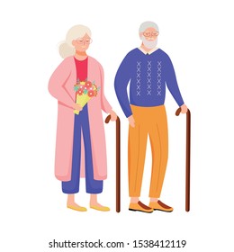 Retired people flat vector illustration. Senior age family with walking stick. Old couple spends time together. Elderly woman with flowers. Pensioners cartoon isolated characters on white background